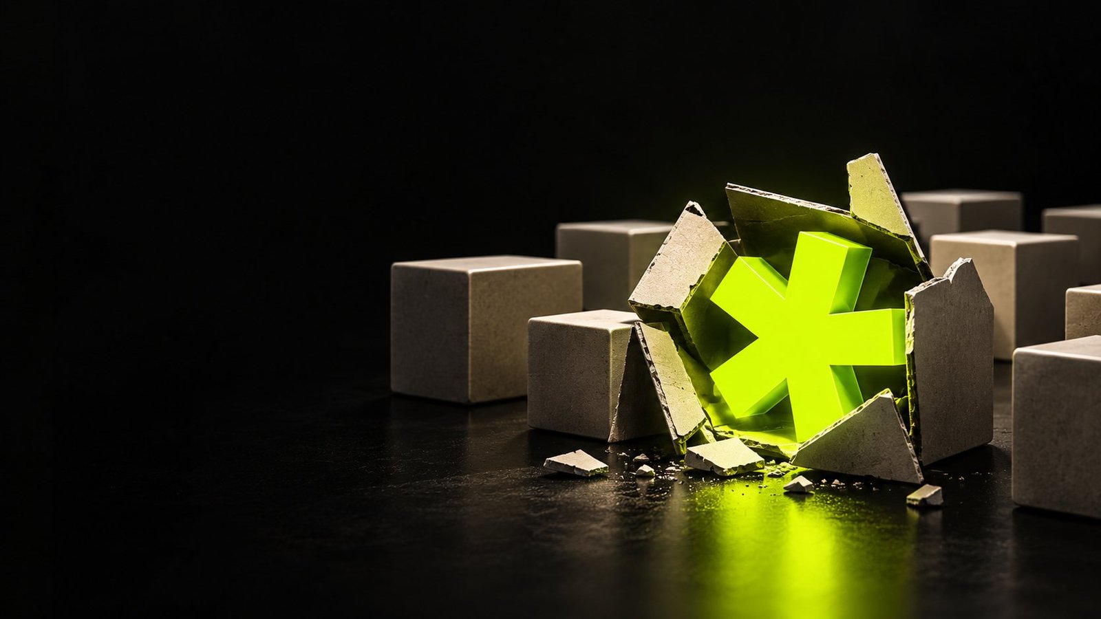 Un asterisco lima brillante rompiendo un bloque de hormigón gris, rodeado de bloques idénticos